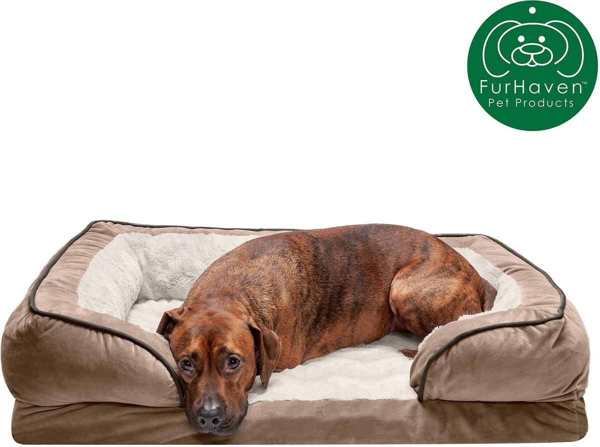 FurHaven Velvet Waves Perfect Comfort Memory Foam Bolster Cat and Dog Bed w/Removable Cover