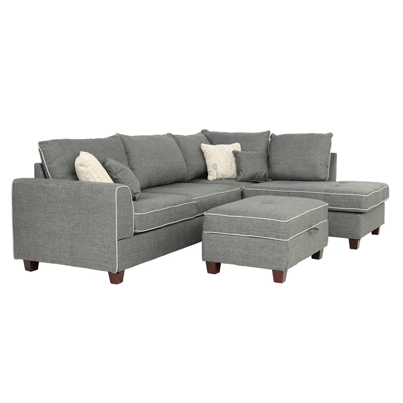 Bobkona Rianne Dorris Reversible Sectional with Storage Ottoman set in Slate.