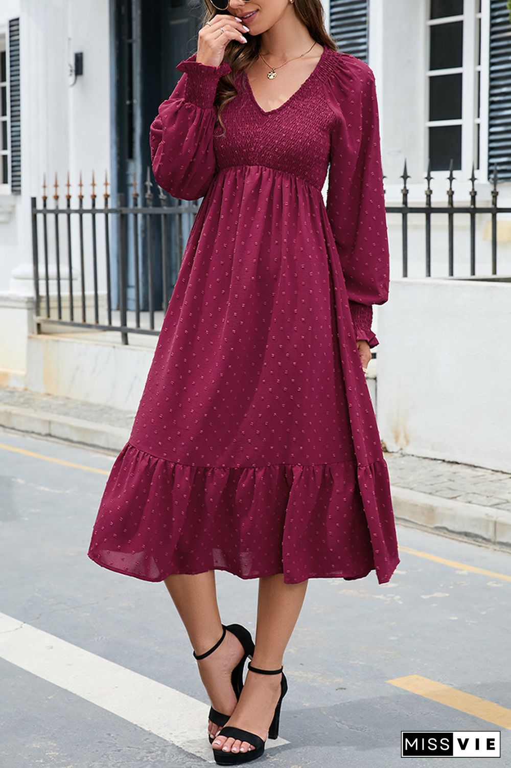 V Neck Smocked Swiss Dot Ruffles Midi Dress