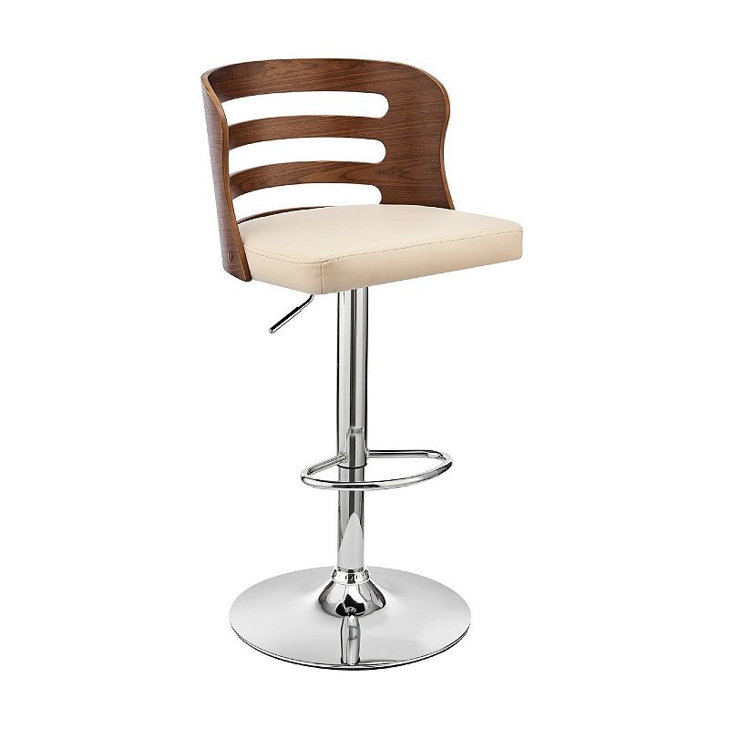 Adjustable Barstool with Curved Open Wooden Back， Brown and Cream