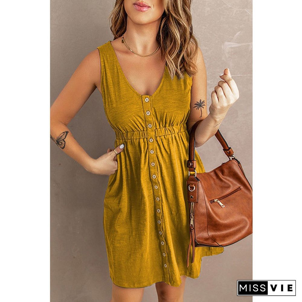 Womens Casual Sleeveless Button Down Elastic Waist Swing Loose Plain Short Dresses Plus Size Tank Tops Dresses