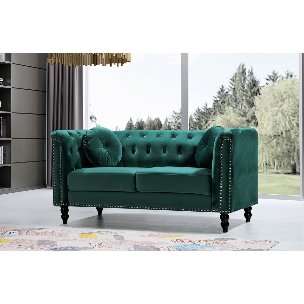 Calvin Classic Velvet Kittleson Nailhead Chesterfield 2 Piece Set Loveseat and Sofa