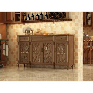 FUFUGAGA Brown Distressed Paint Finish Buffets  Sideboards Storage Cabinet with Hollow Out Carved Glass Doors and Drawers KF390002-01