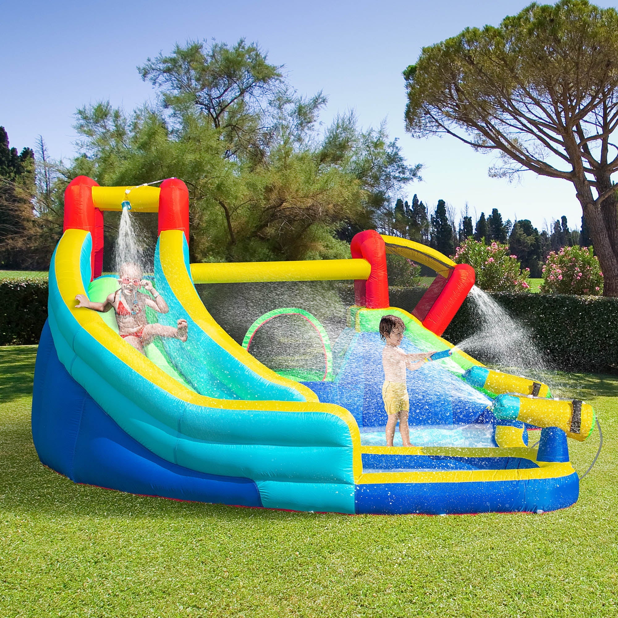 Outsunny 5-in-1 Water Slide Kids Inflatable Bounce House Water Park Jumping Castle Includes Trampoline Slide Water Pool Cannon Climbing Wall with Carry Bag, Repair Patches without Air Blower