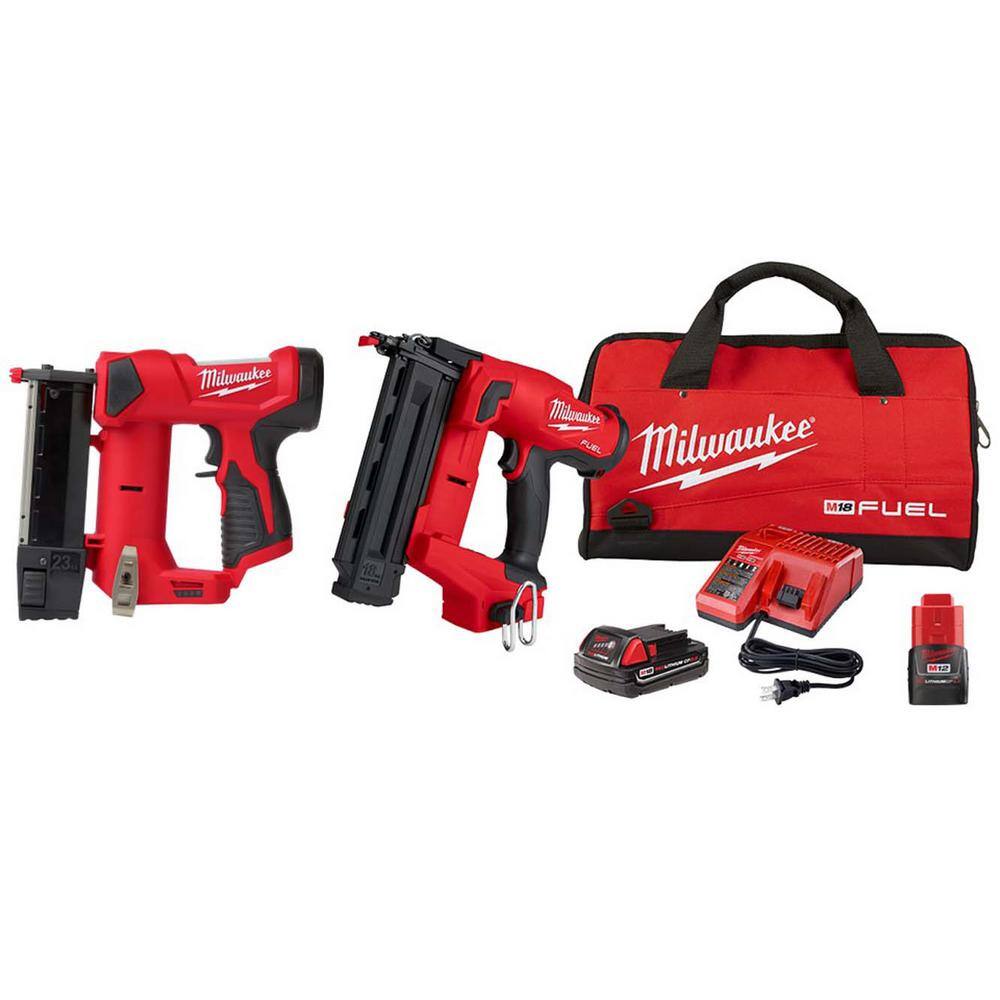 MW M18 FUEL 18-Volt Brushless Cordless 18-Gauge Brad Nailer Kit wM12 23-Gauge Cordless Pin Nailer  M12 2.0AH Battery 2746-21CT-2540-20-48-11-2420