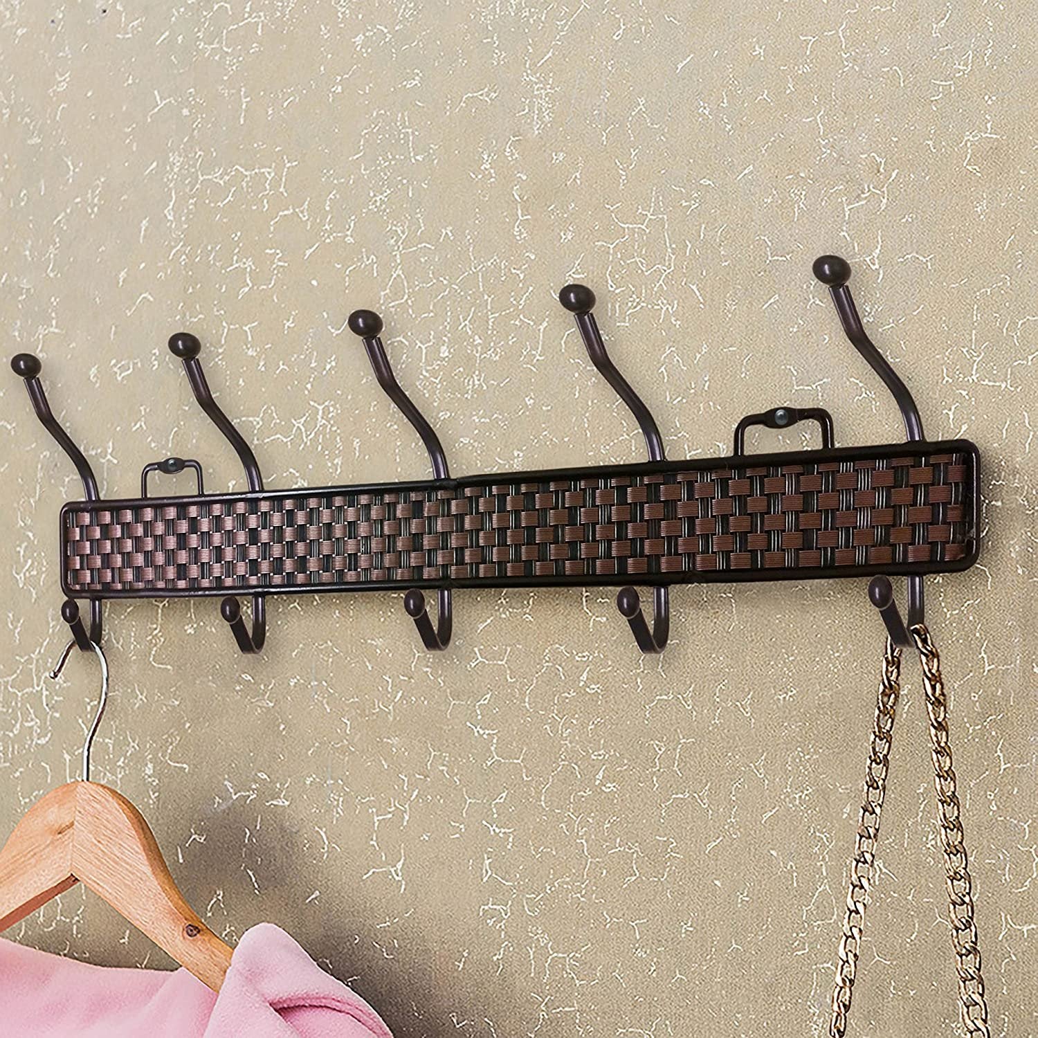 Decor Hut 5 Double Hook Rack Coat and Towels Brown Weaved Easily Mounts on Wall with Screws Included