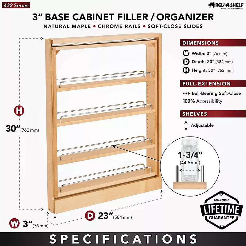 Rev-A-Shelf 3 Pull-Out Base Filler Cabinet Organizer Spice Rack， 432-BFBBSC-3C