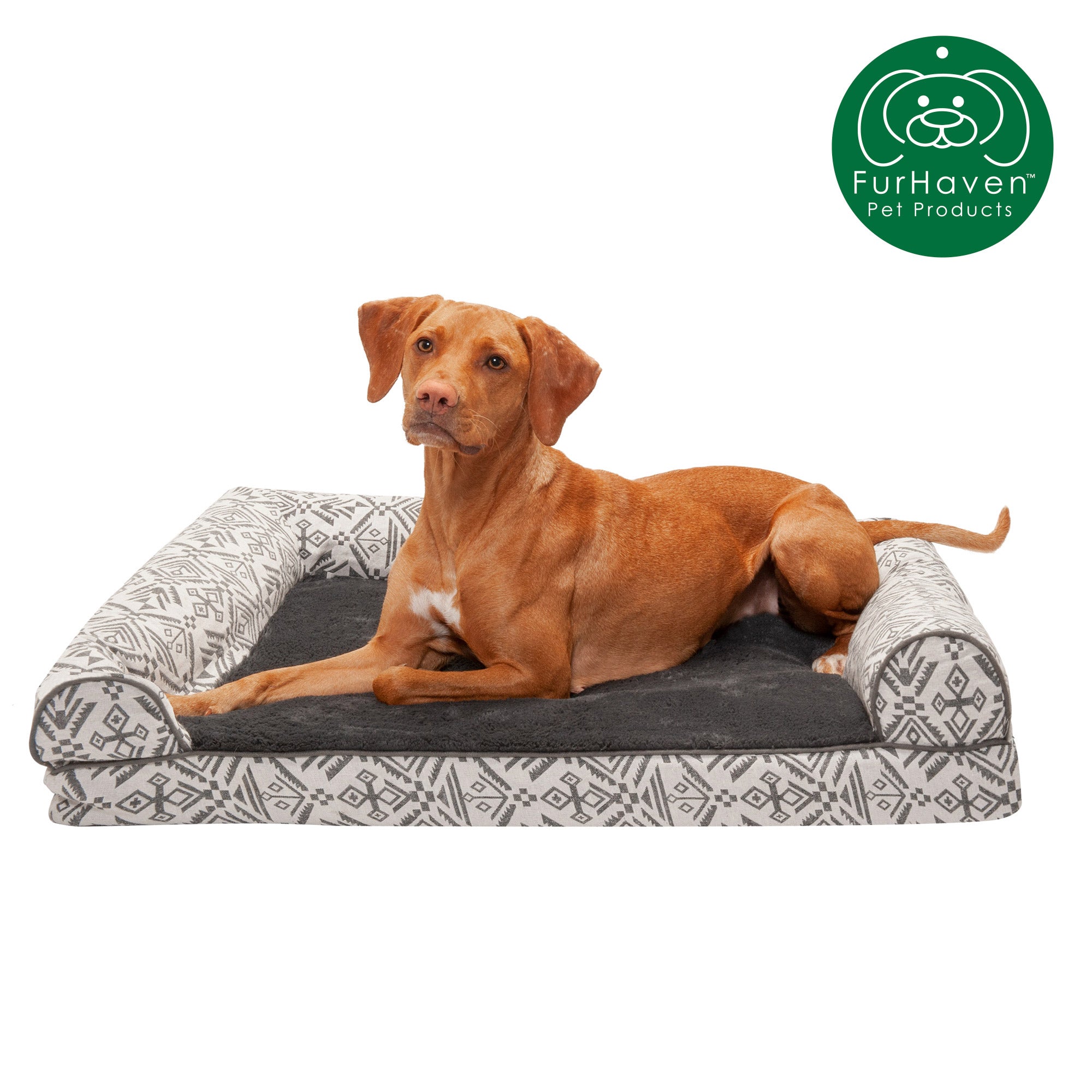 FurHaven Pet Products | Cooling Gel Memory Foam Orthopedic Southwest Kilim Sofa-Style Couch Pet Bed for Dogs and Cats， Boulder Gray， Large