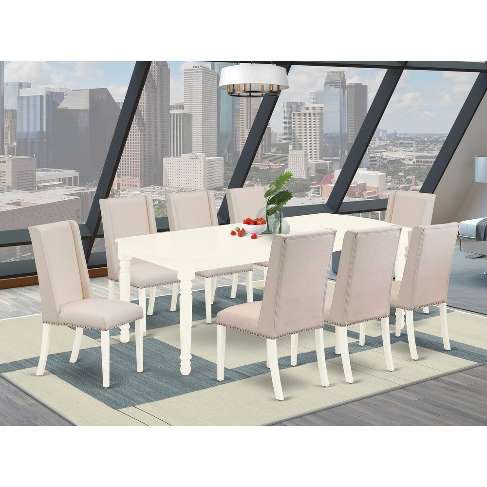 East West Furniture 9 Piece Dining Room Table Set  a Rectangle Wooden Table and 8 Linen Fabric Chairs  (Finish Option)