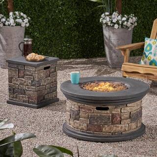 Noble House Chesney 16.25 in. x 19.75 in. Round Concrete Propane Fire Pit in Mixed Brown with Tank Holder 65830