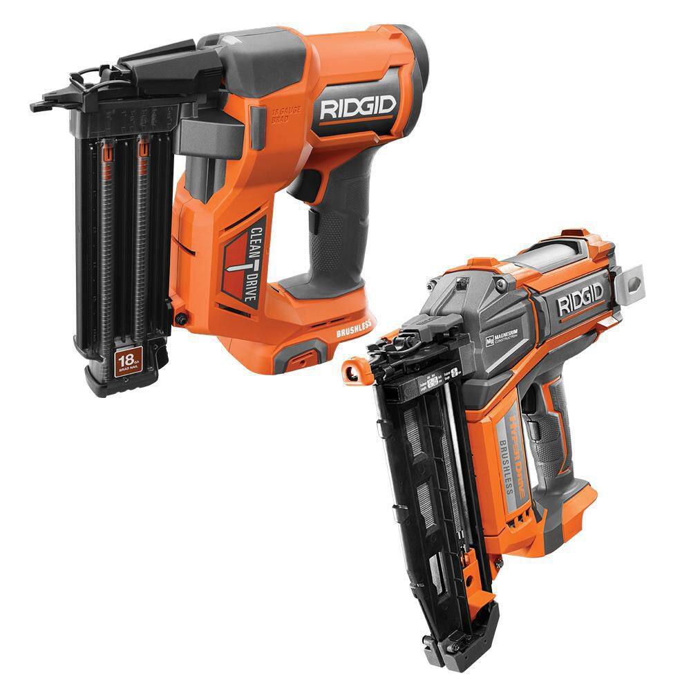 RIDGID 18V Brushless Cordless 18-Gauge 2-18 in. Brad Nailer w Brushless 16-Gauge 2-12 in Straight Finish Nailer (Tools Only) R09891B-R09892B