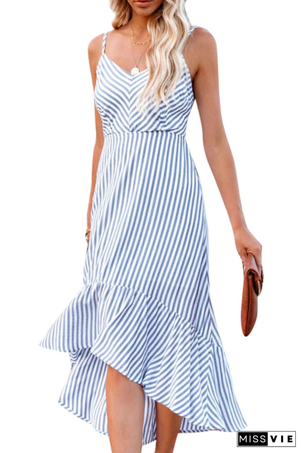 Slip Striped Print Backless High Waist Ruffles Dress Wholesale