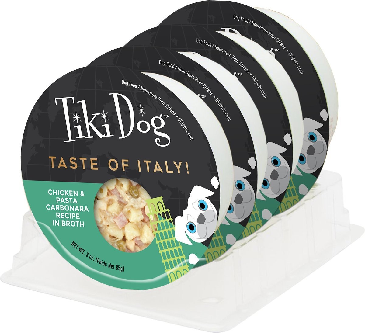 Tiki Dog Taste of Italy Chicken， Pasta and Carbonara Recipe in Broth Wet Dog Food， 3-oz cup， case of 4