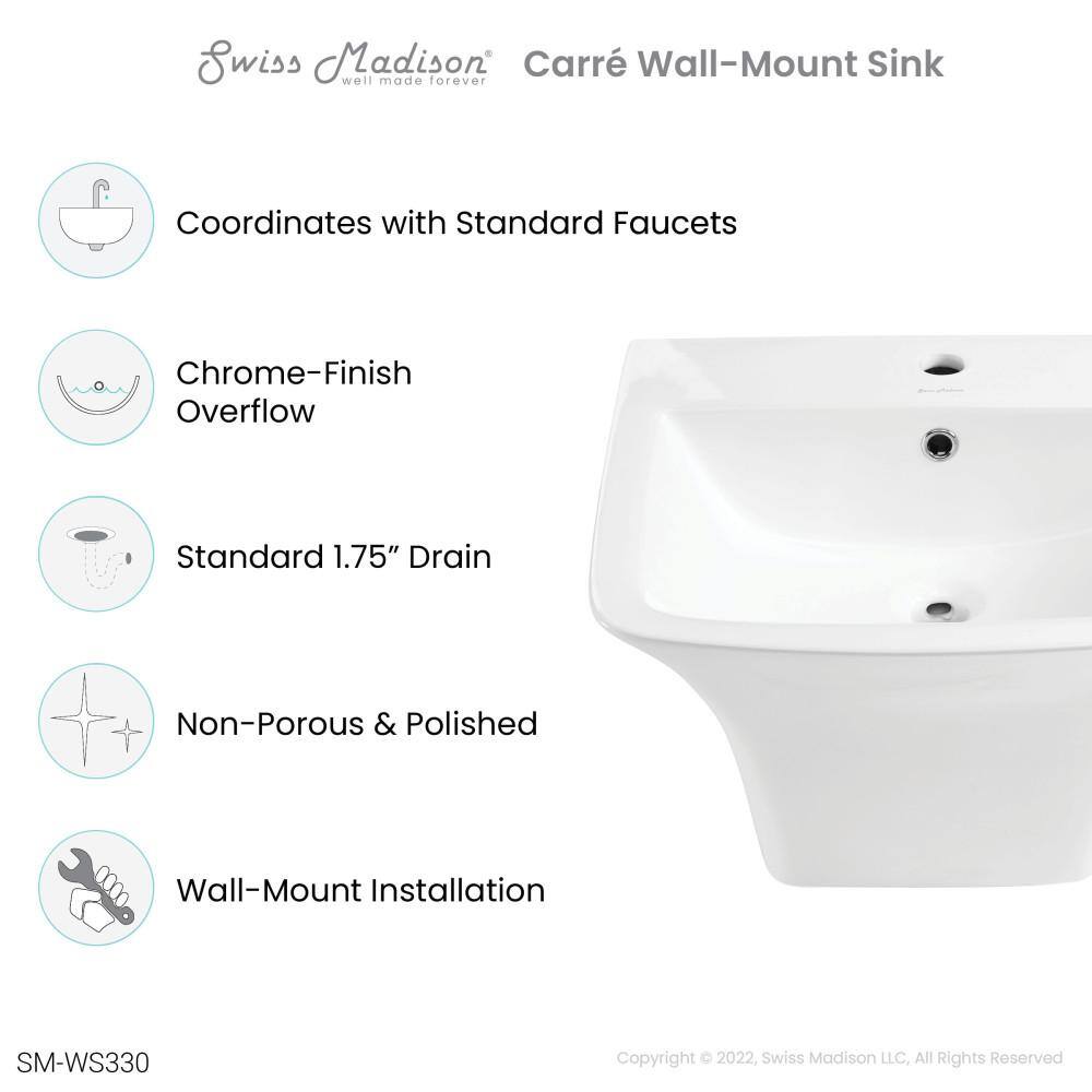 Swiss Madison Carre Ceramic Wall Mount Bathroom Sink in Glossy White SM-WS330