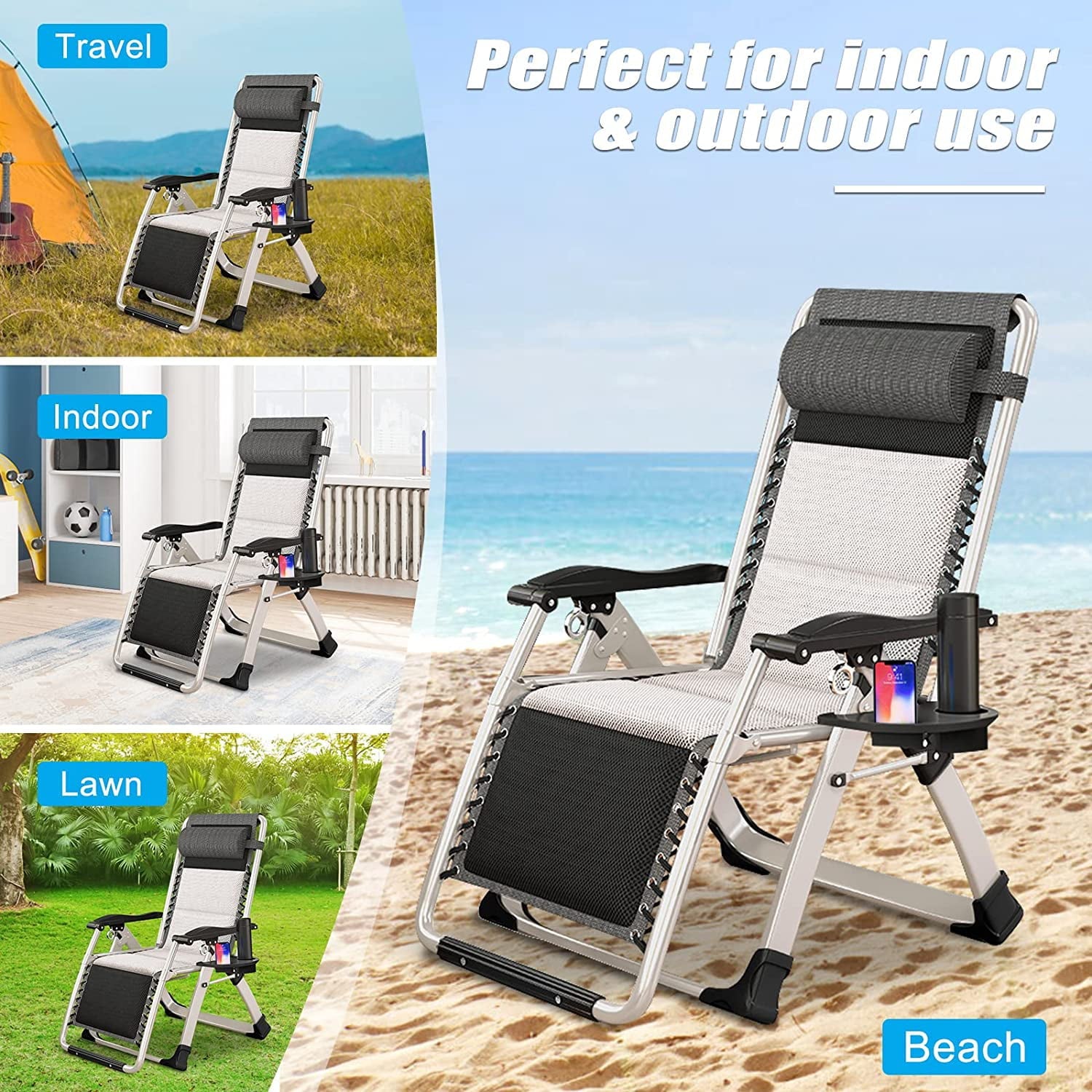 Slsy Zero Gravity Chair, Folding Portable Reclining Lounge Chair with Headrest & Cup Holder, Reclining Patio Lounger Chair for Indoor,Outdoor