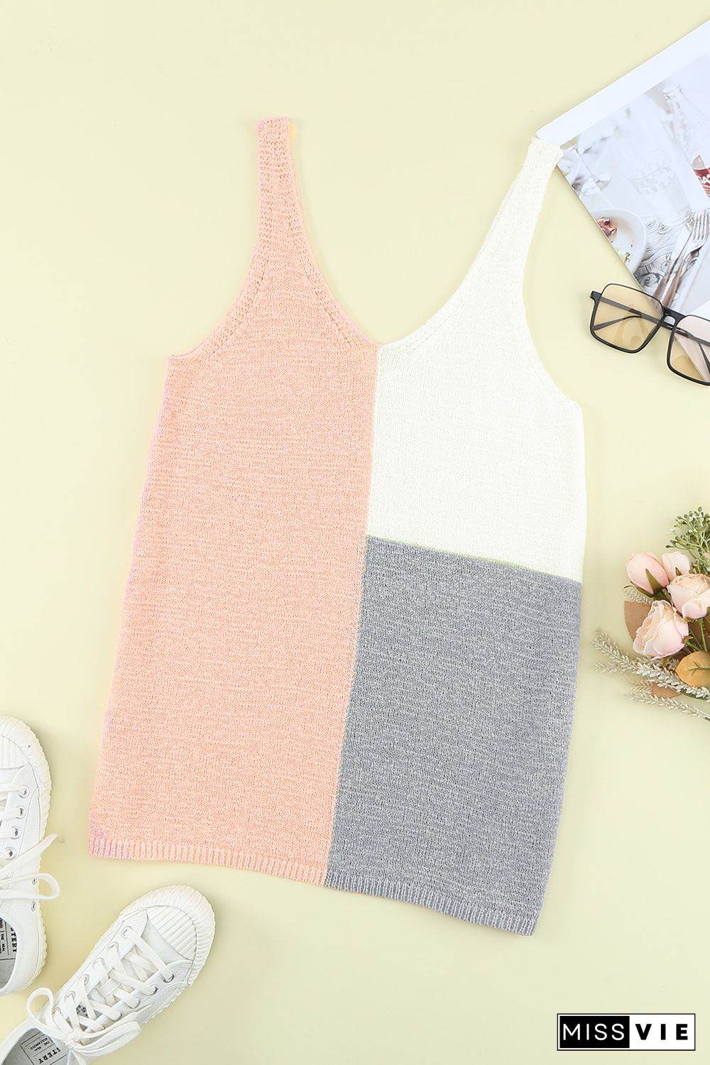 Pink Color Block Knitted Tank Top