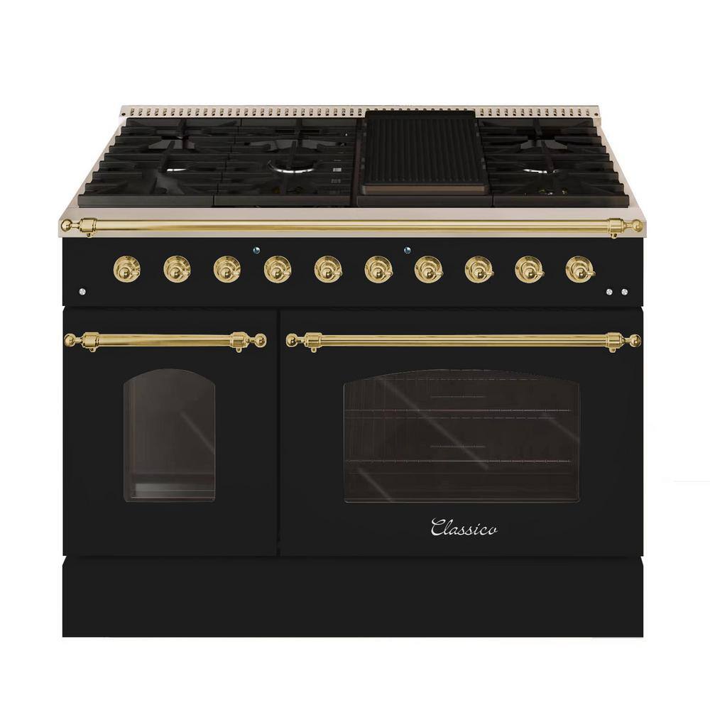 Hallman CLASSICO 48 in.TTL 6.7 Cu. ft. 8 Burner Freestanding Dual Fuel Range LP Gas StoveElectric Oven Glossy Black Brass Trim HCLRDF48BSGB-LP