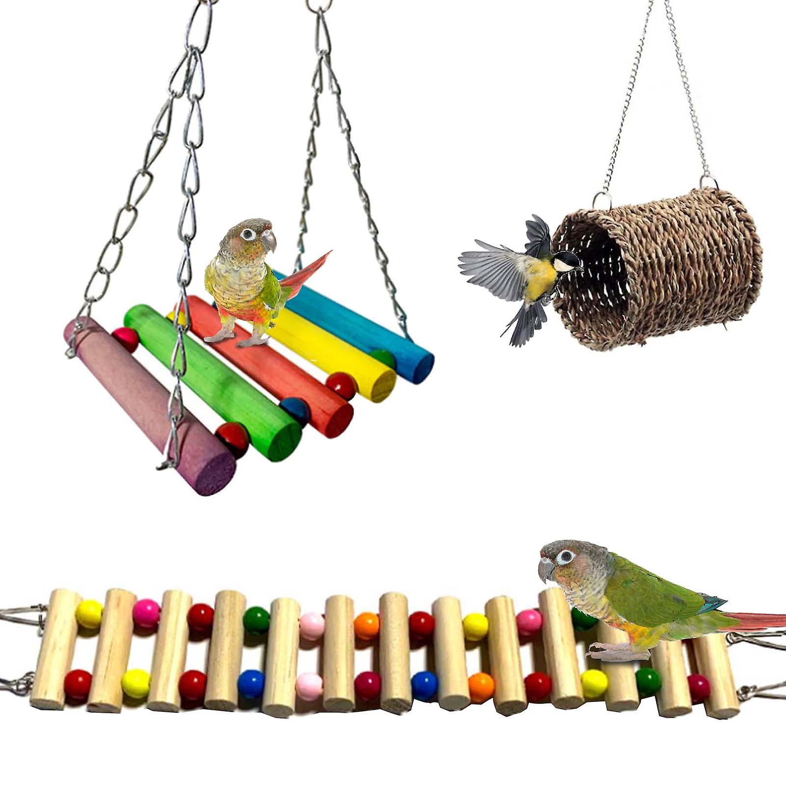 3pcs Bird Parrot Toys Bird Wooden Ladder Pet Bird Cage Swing Toy Natural Grass Woven Nest Hanging Toy For Small Parakeets Cockatiels Conures Macaws Pa