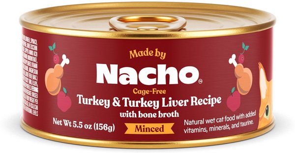 Made by Nacho Cage-Free Turkey and Turkey Liver Recipe Minced Wet Cat Food， 5.5-oz can， case of 24