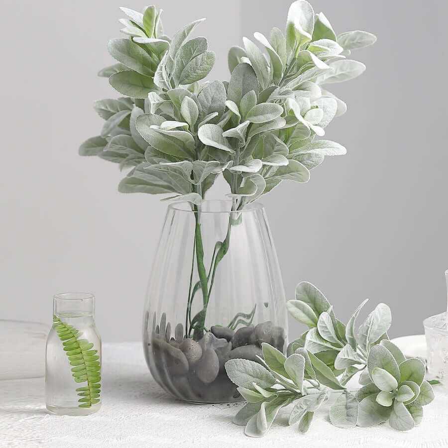 2 Stems Frosted Green Artificial Lambs Ear Leaf Indoor Plant 24