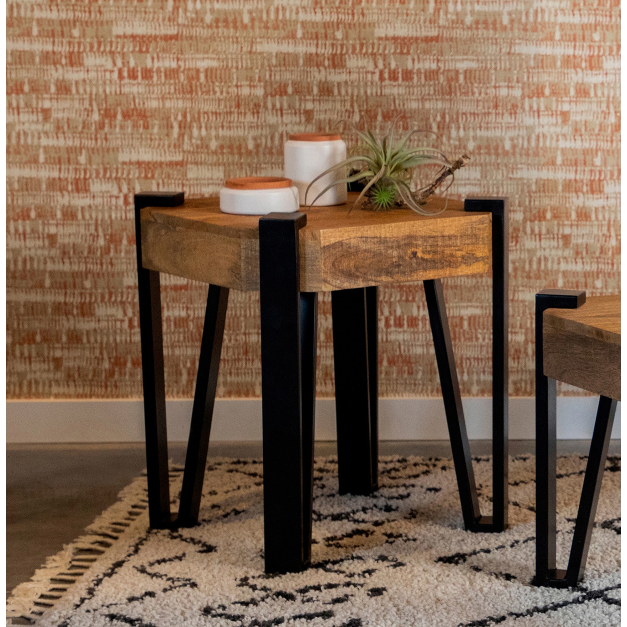 Deedis Natural and Matte Black Wooden Square Top End Table