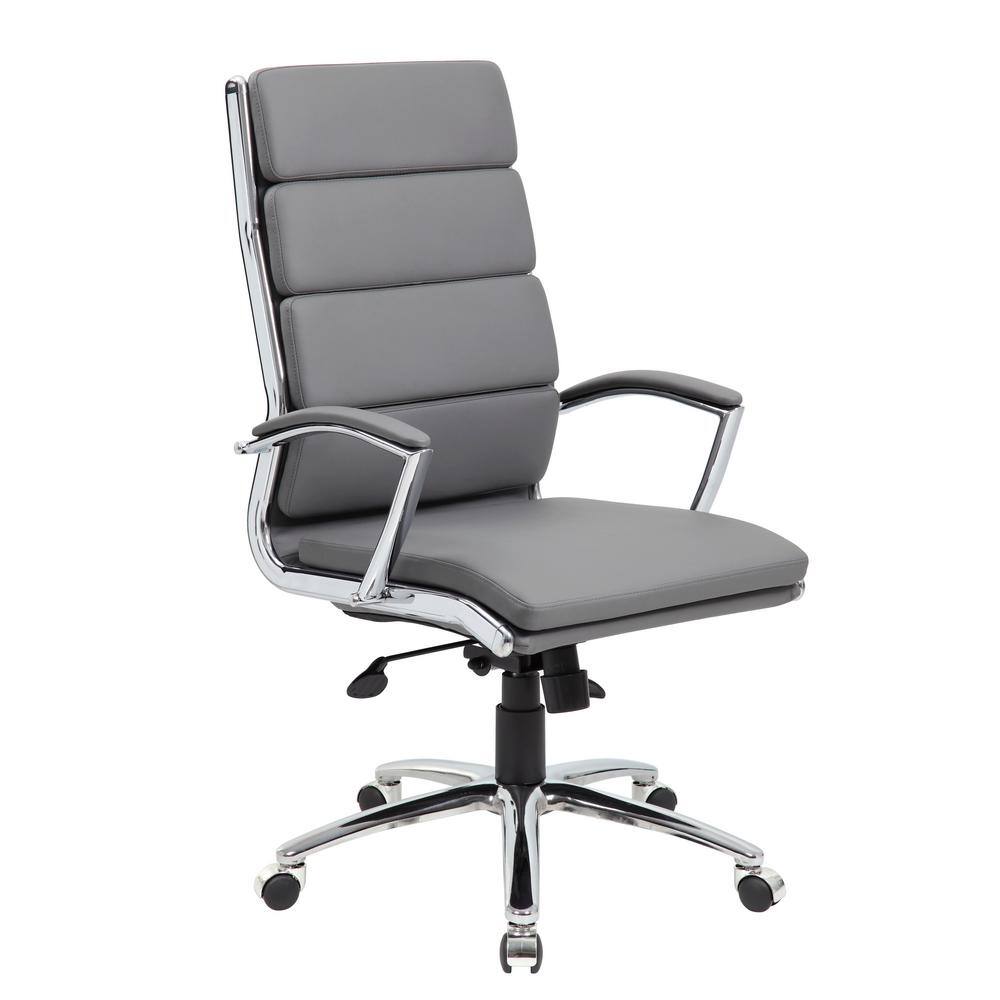 BOSS Office Products Gray Leather High Back Executive Chair Chrome Finish with Padded Arms B9471-GY