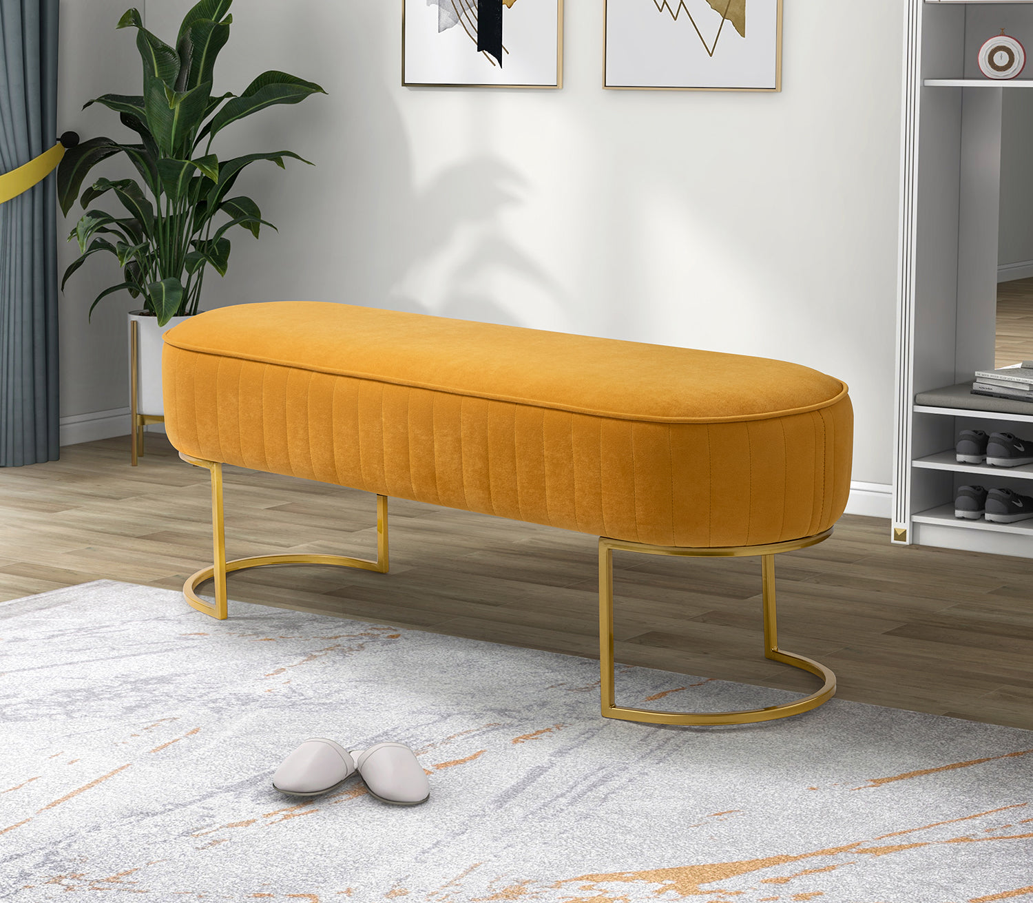 ARTFUL LIVING DESIGN Upholstered Bench with Metal Legs for Bedroom, Mustard