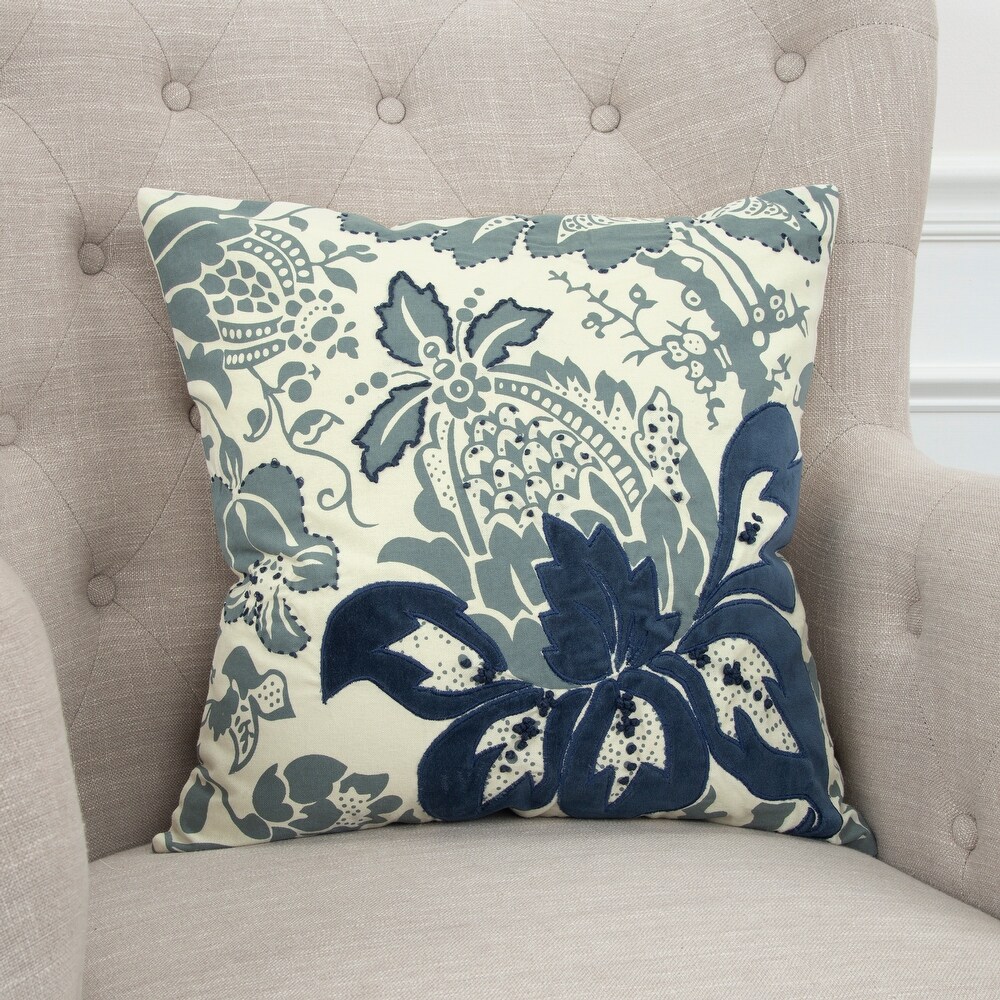 Rizzy Home Blue/White Cotton Floral patterned Decorative Throw Pillow