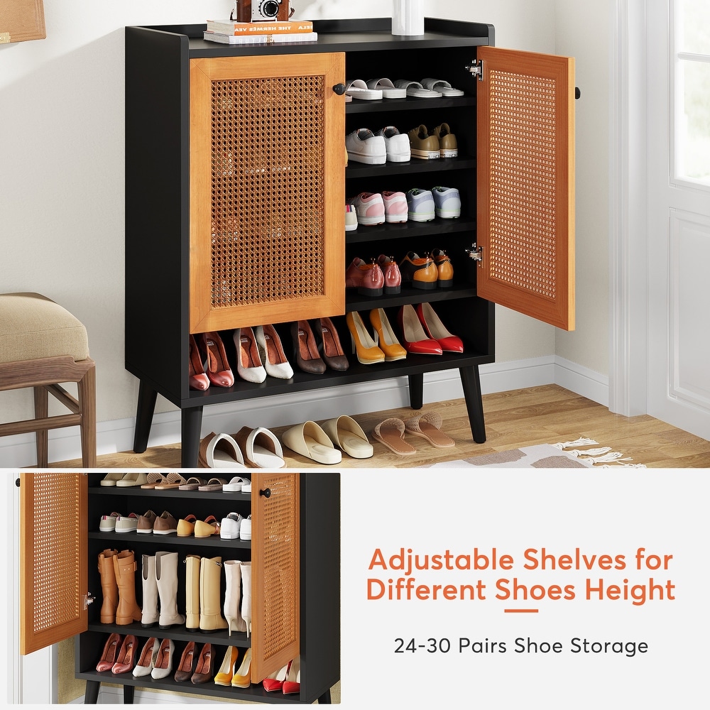 Shoe Cabinet with Doors  Rattan Shoe Storage Cabinet  6 Tier Shoes Organizer Cabinets for Entryway