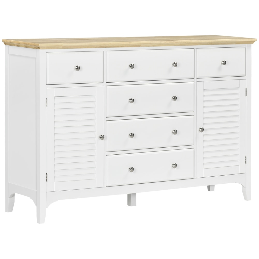 HOMCOM Modern Sideboard with Drawers  Buffet Cabinet with Storage Cabinets  Rubberwood Top and Adjustable Shelves  White