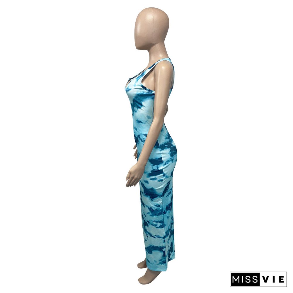 Women Summer Fashion Tie Dye Print V-neck Sleeveless Sexy Night Party Bodycon Long Dresses