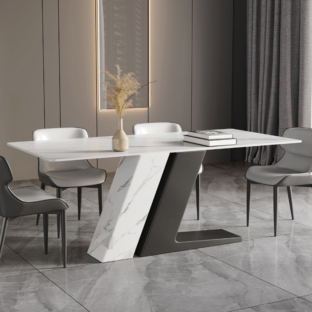 Modern and Luxury White Dining Table  with Rectangular Sintered Stone Tabletop Z shaped Stainless Steel Base