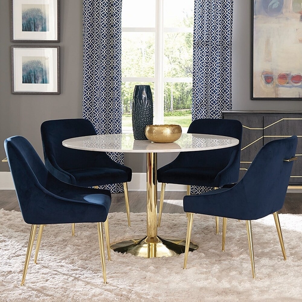 Marble and Brass 5 piece Round Dining Set with Blue Velvet Chairs