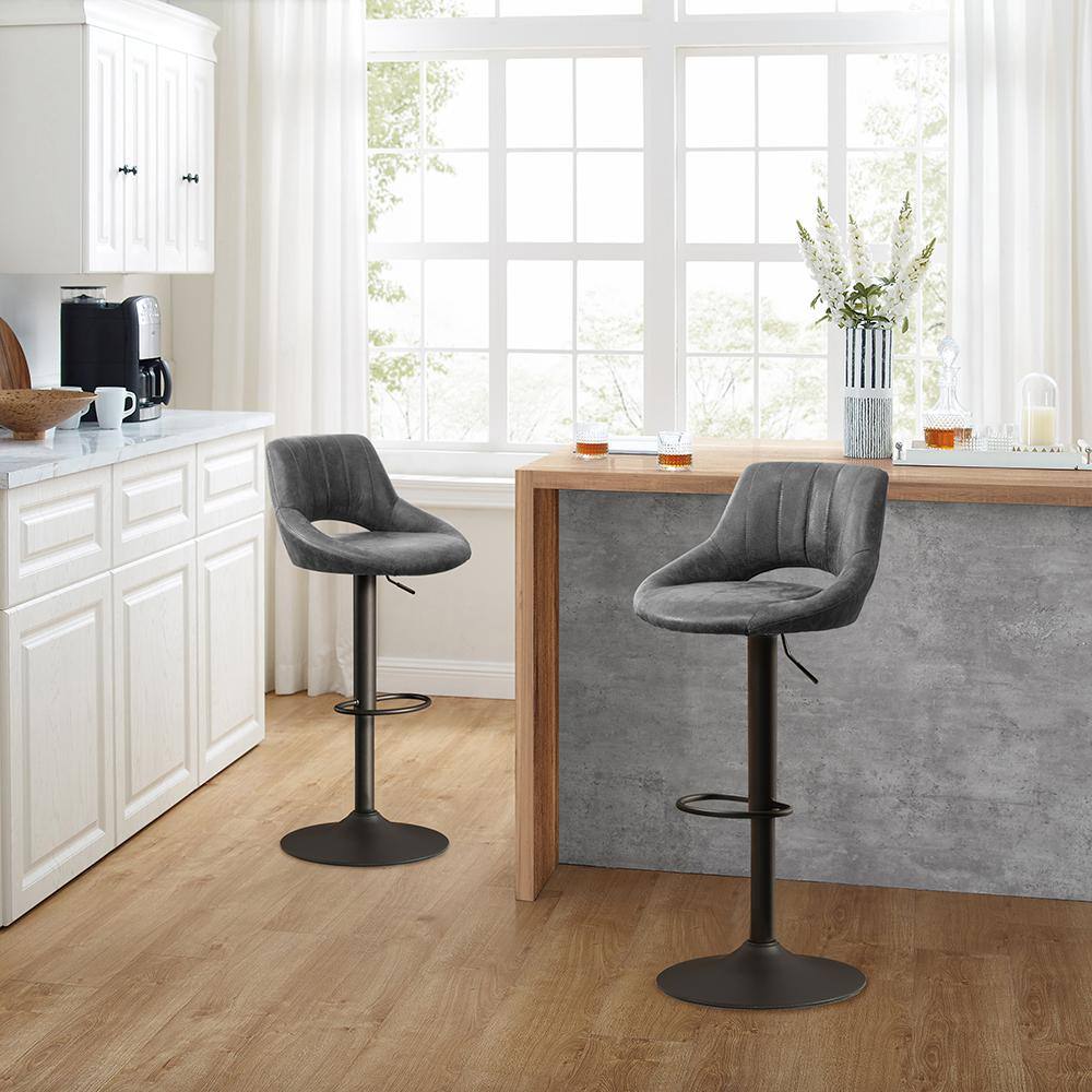 Art Leon Retro 33.86 in. Height Gray Faux Leather Swivel Adjustable Height Low Back Bar Stools with Metal Frame (Set of 2) BS003-GRAY