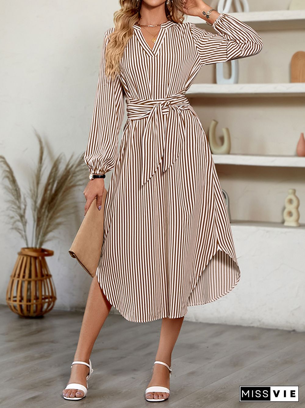 A-Line Long Sleeves Striped Tied Waist V-Neck Midi Dresses Shirt Dress