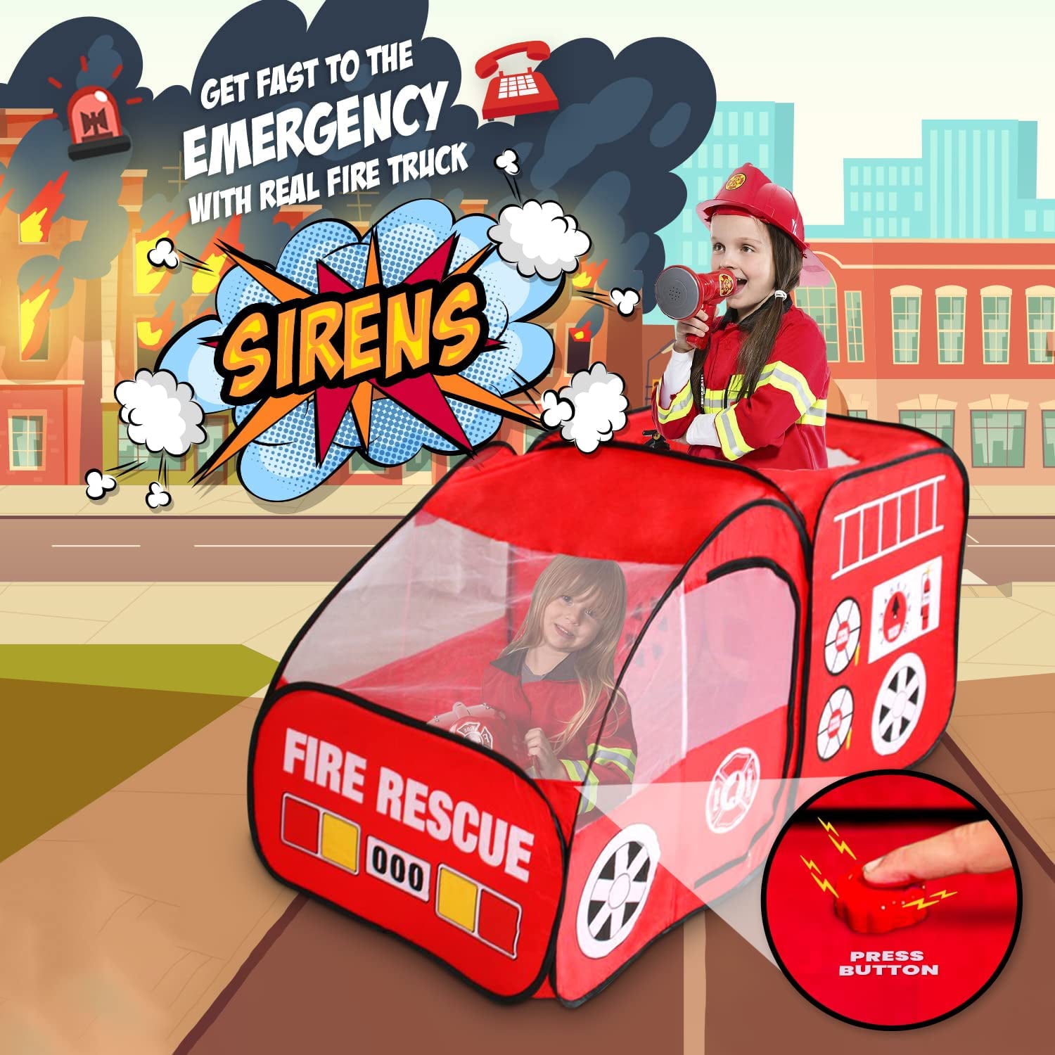 Fire Truck Pop Up Play Tent | Siren Sound Button | Firefighter Costume, Jacket and Hat– Red Fire Engine Playhouse for Kids, Toddlers, Boys, Indoors and Outdoors – Quick Setup Pretend Play Toys and Gift