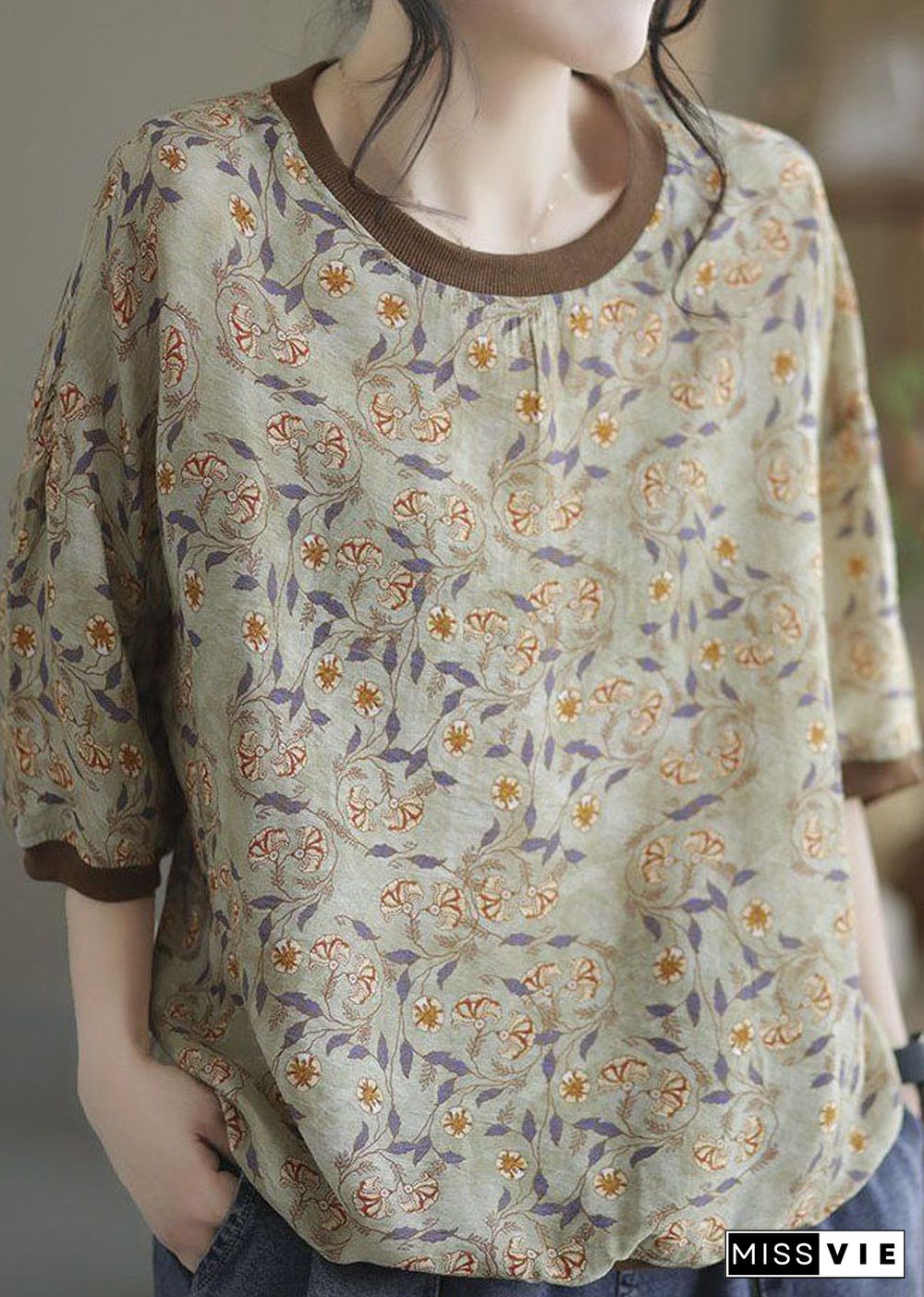 Light Green Patchwork Print Cotton T Shirt O Neck Summer