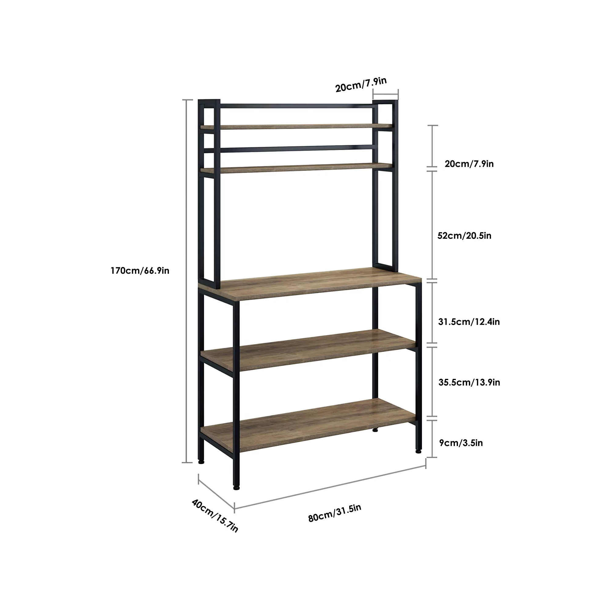 Homfa 5-Tier Kitchen Hutch， Microwave Oven Stand with Metal Frame， Wood Storage Shelf， Rustic Brown Finish