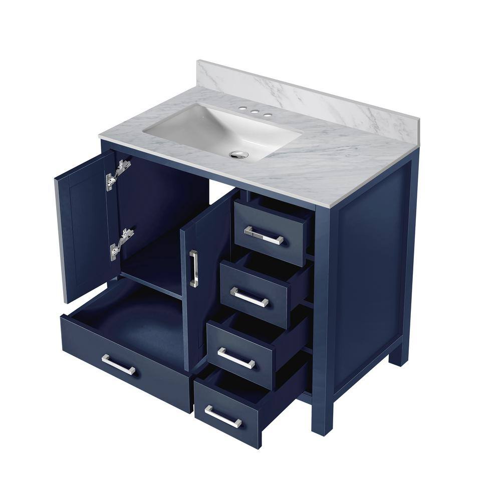 Lexora Jacques 36 in. W x 22 in. D Left Offset Navy Blue Bath Vanity and Carrara Marble Top LJ342236SEDS000L