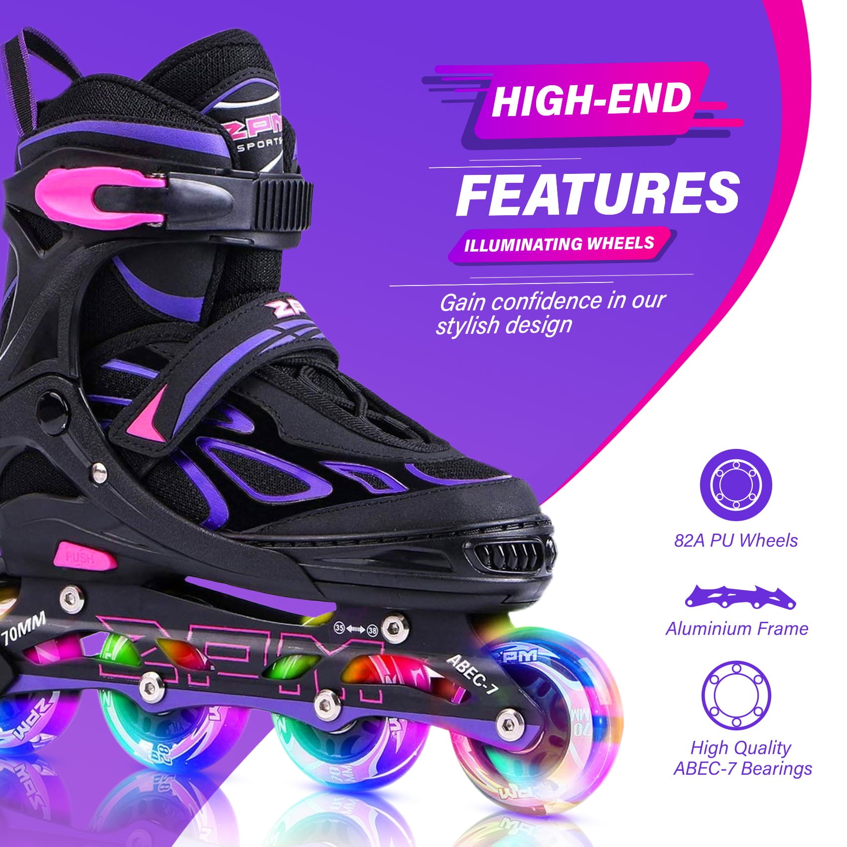 2PM SPORTS Vinal Girls Adjustable Inline Skates with Light up Wheels Beginner Skates Fun Illuminating Roller Skates for Kids Boys and Ladies - Purple Medium(1Y-4Y US)