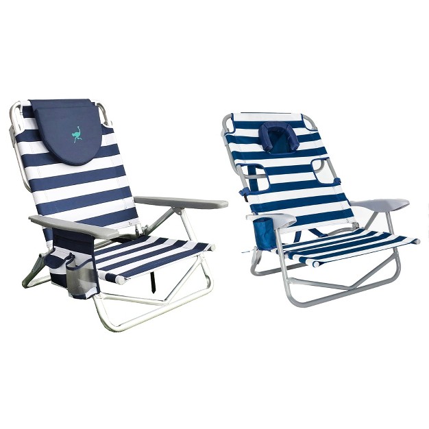 Ostrich On your back Sand Chair With Zippered Side Pocket And On your back Outdoor 5 position Reclining Beach Chair With Backpack Strap Striped Blue