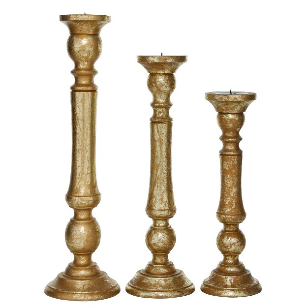 Set Of 3 Traditional Metal wood Turned Column Candle Holders Gold Olivia amp May