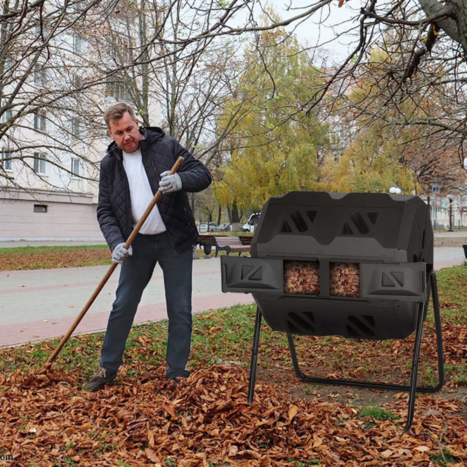 43 Gallon Compost Bin Outdoor Durable Tumbling Composting Bins w/ Dual Chamber Sliding Doors Compost Tumbler Large for Garden Patio Bucket Trash Can Black Door