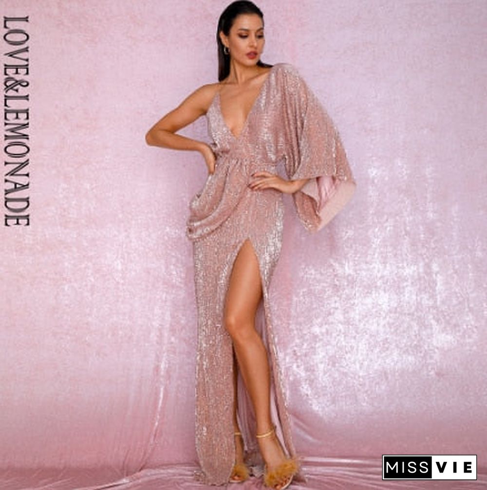 Love&Lemonade Sexy Rose Gold V-Neck Single Sleeve Sequins Split Party Maxi Dress Lm81848