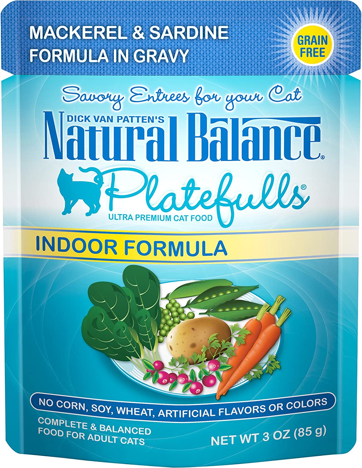 Natural Balance Platefulls Indoor Formula Mackerel and Sardine in Gravy Grain-Free Cat Food Pouches 3-oz pouch case of 24