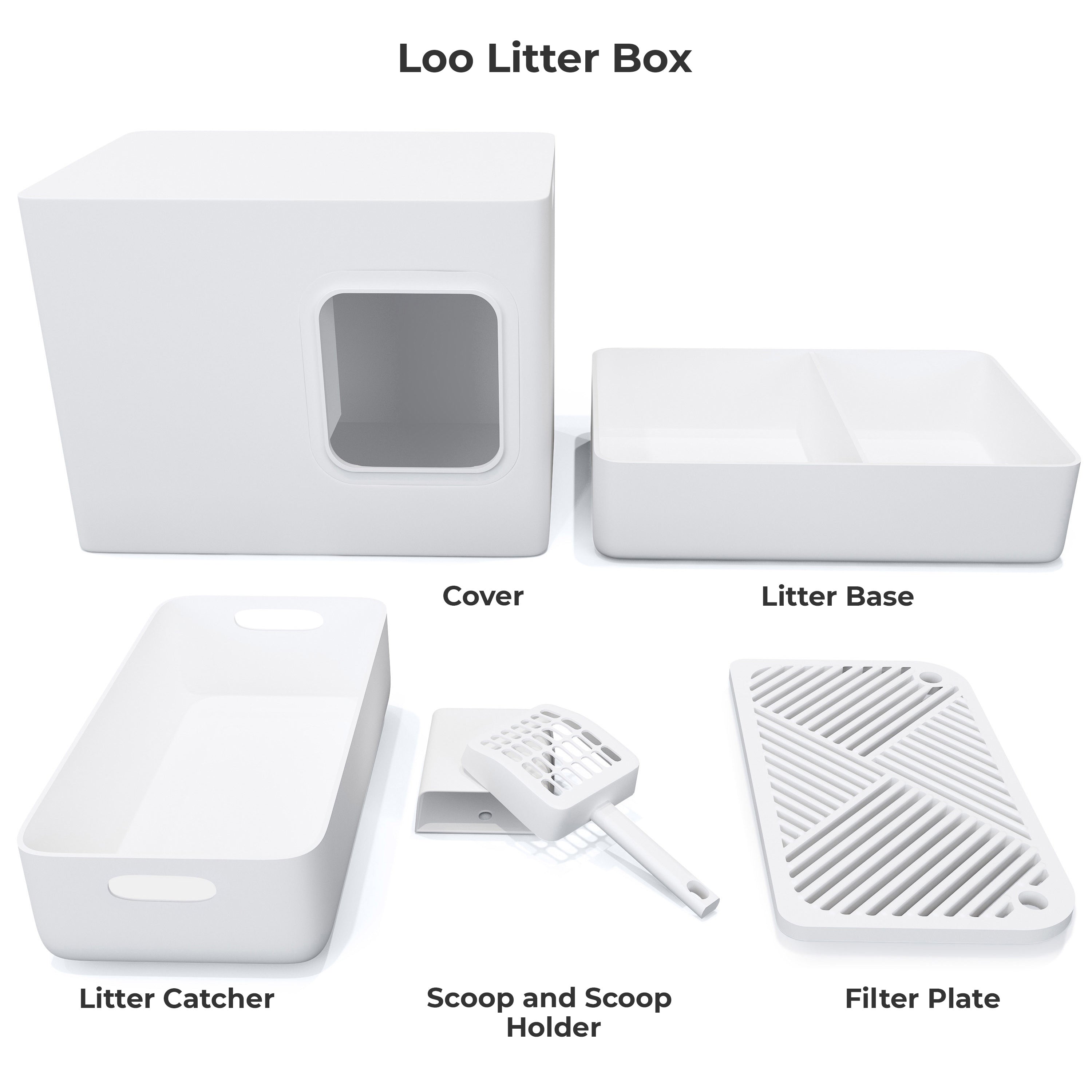 Meowy Studio Loo Cat Litter Box All in One Cover Litter Filter Plate Scoop and Holder in Aspen White