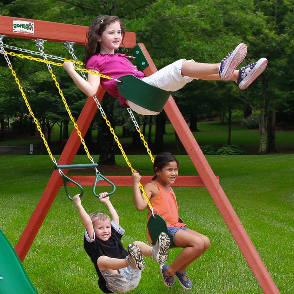 Gorilla Playsets Five Star II Wooden Outdoor Playset with Rock Wall Wave Slide Sandbox Swings and Backyard Swing Set Accessories 01-0082-RP