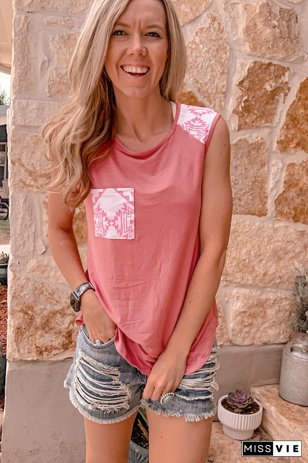 Aztec Pocket Shoulder Tank Top