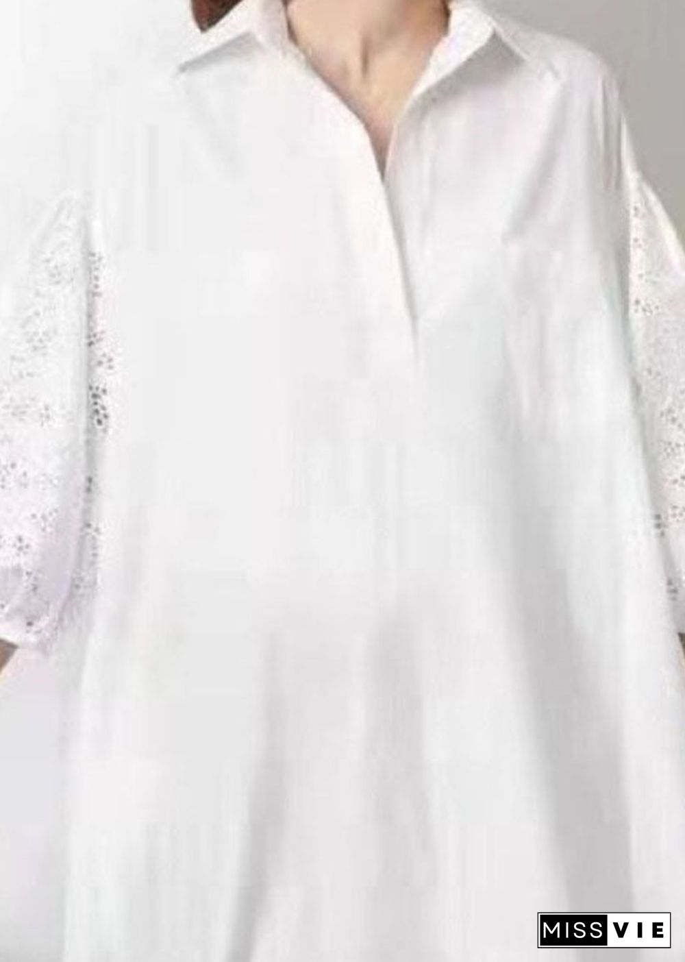 Natural White Lace Patchwork Cotton Shirts Dress Half Sleeve