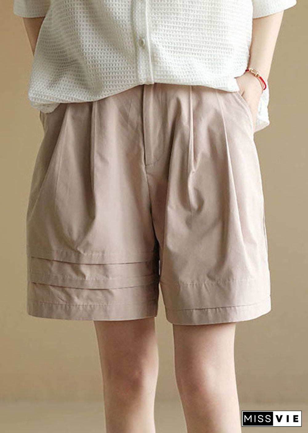 Boutique Light Pink Elastic Waist Wrinkled Pockets Cotton Shorts Summer